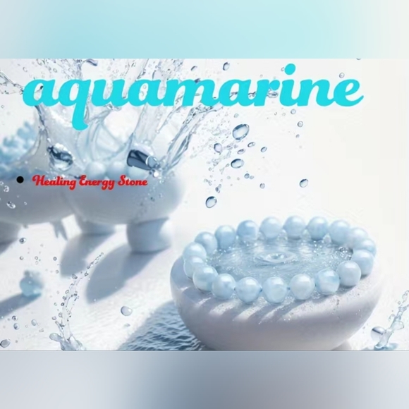 AQUAMARINE 10mm STONE STRETCH BRACELET. - Picture 5 of 7